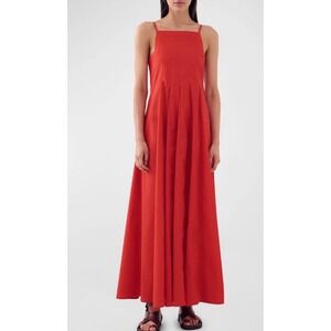 Bird & Knoll Red Munroe Cotton Pintuck Maxi Dress Square Neck Pleated Small
